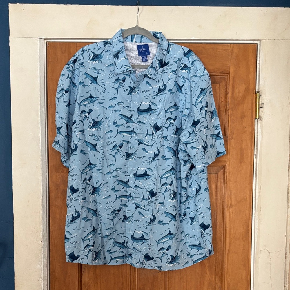 Guy Harvey Light Blue Shark Pattern Men's Shirt